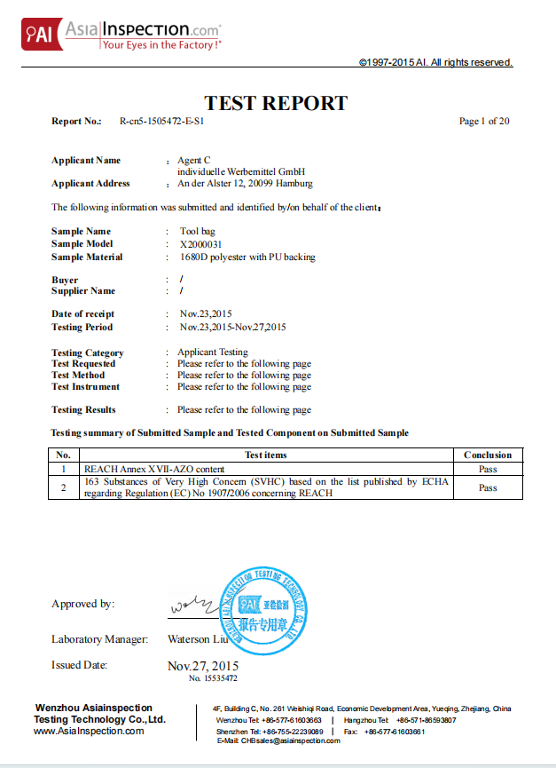 REACH test report