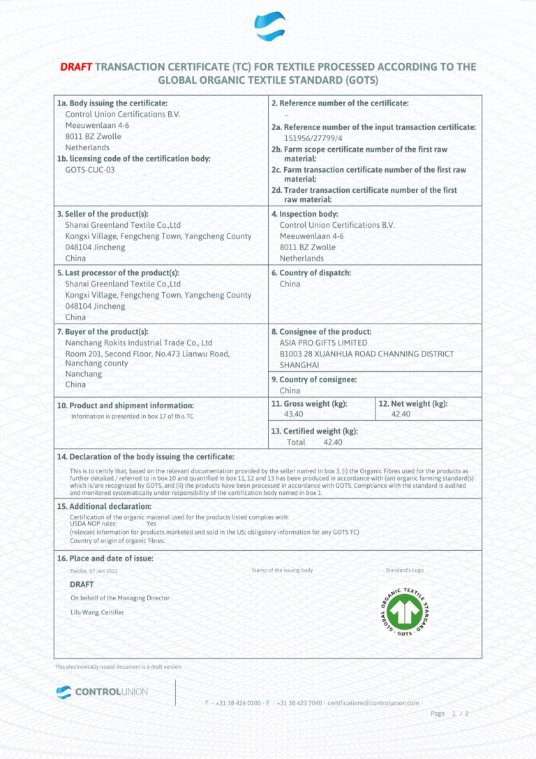 Organic cotton certification